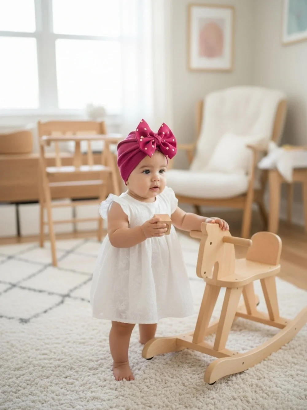 Magenta Pink Ribbed Baby Turban Gold Polka Dot Bow Headband
